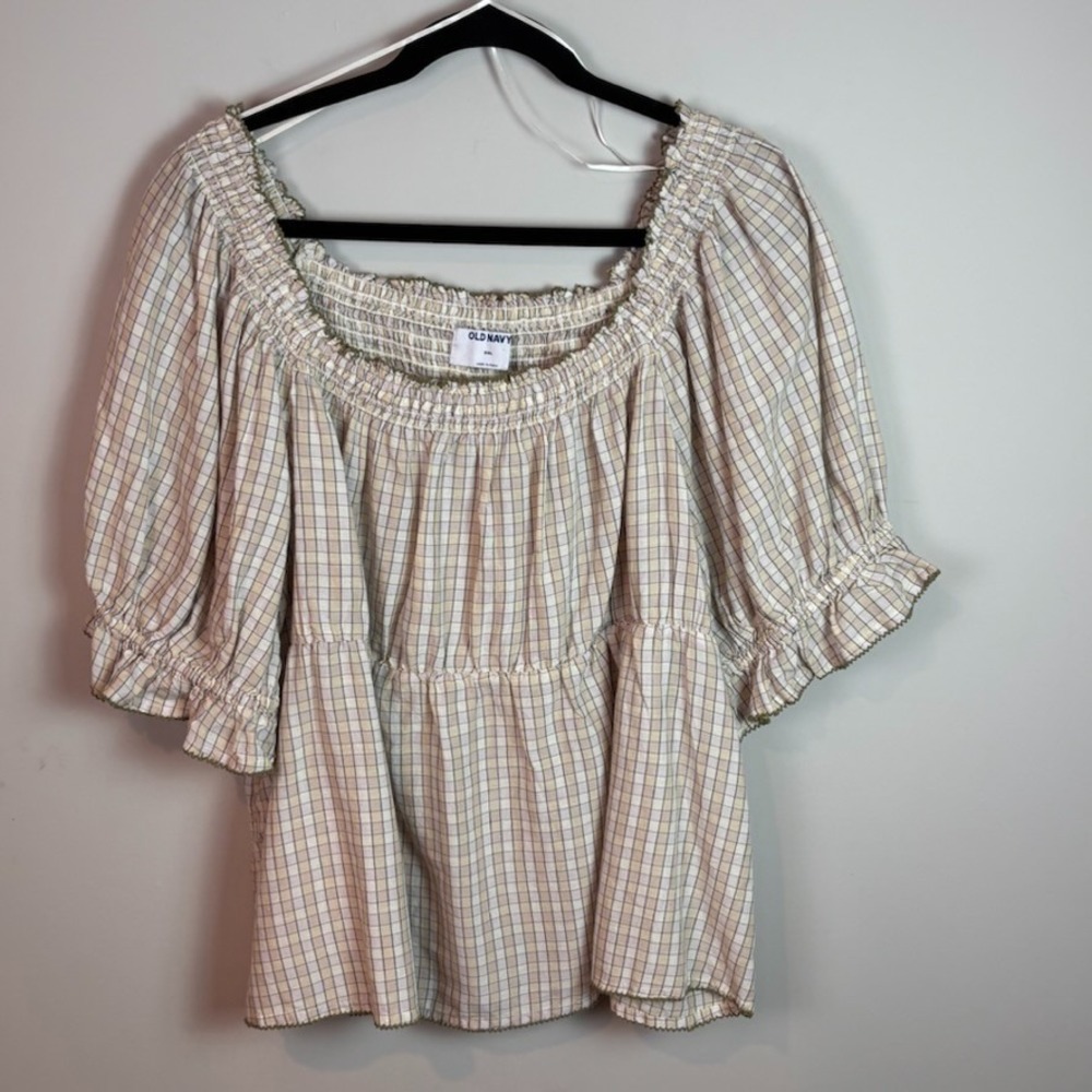 NEW Old Navy Womens Puff Sleeve Beige Checked Peplum Ruffle Hem Blouse XXL NWT